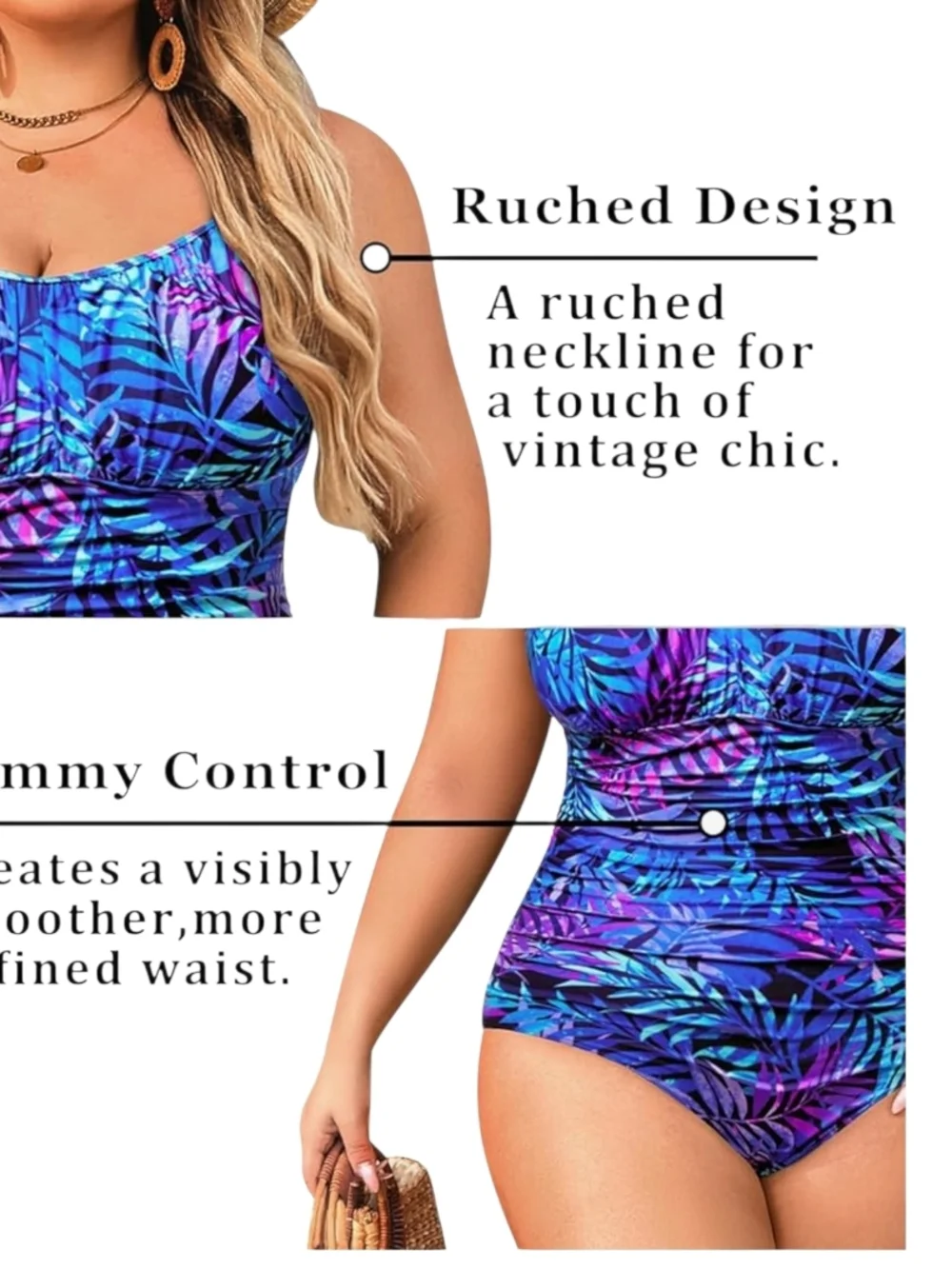 AQUA EVE - 22W Leaf Print Blue & Purple Tank One-Piece Swimsuit - Picture 7 of 9